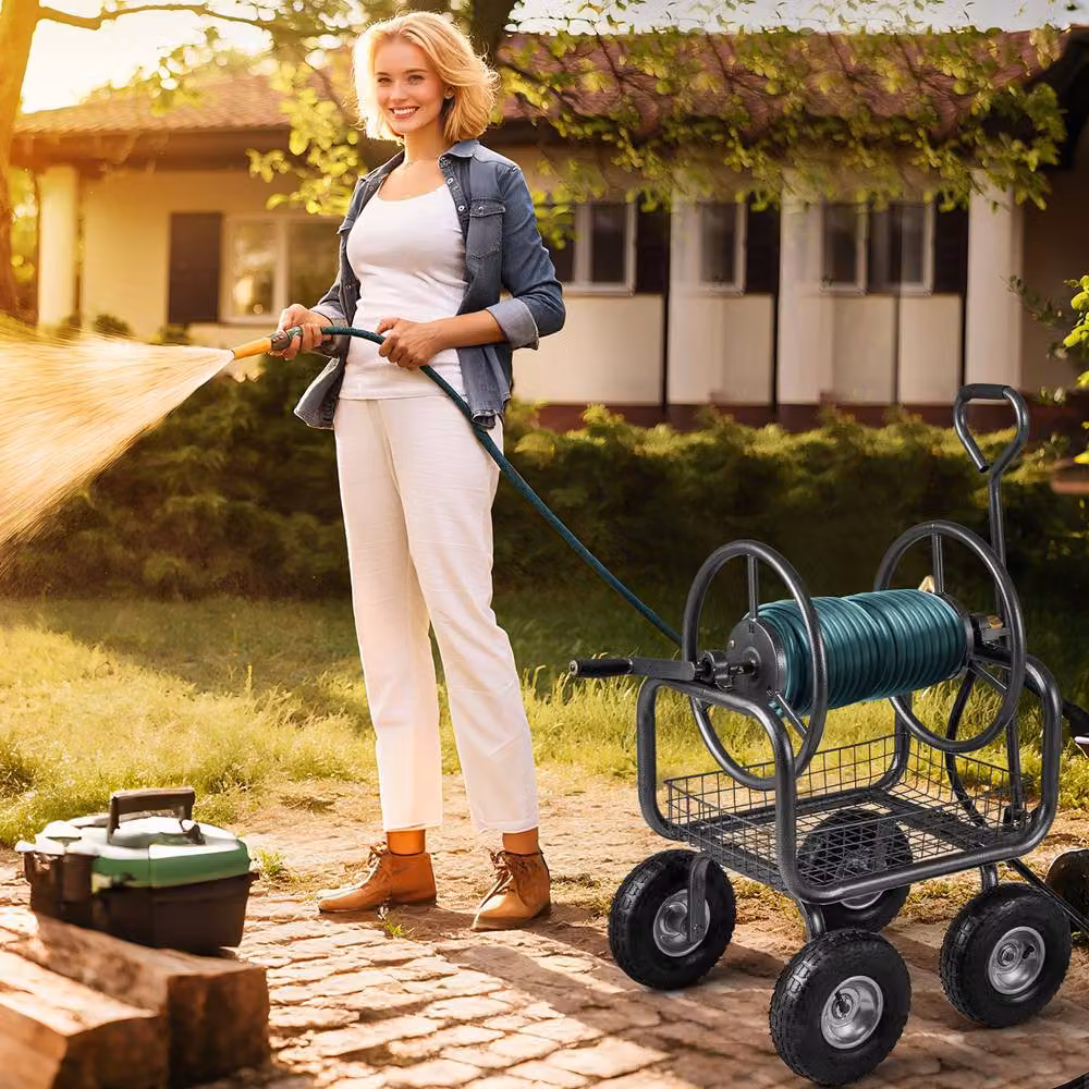 Costway Heavy-Duty Metal Garden Hose Reel Cart with Storage Basket in Grey – 4