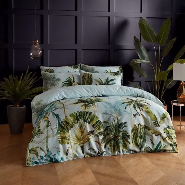 Paoletti Forsteriana Palms Reversible Tropical Floral Cotton Duvet Cover Set, Multicolour and Green, W/H: 200 x 220 cm – 1