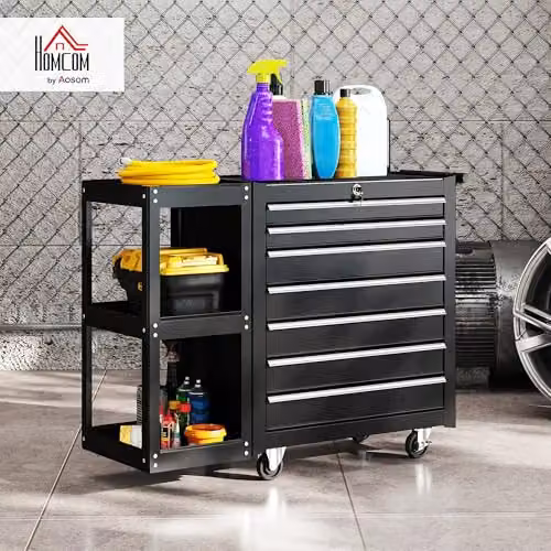 HOMCOM 7 Drawer Lockable Steel Tool Chest on Wheels, Black, W/D/H: 120 x 40 x 66 cm – 2