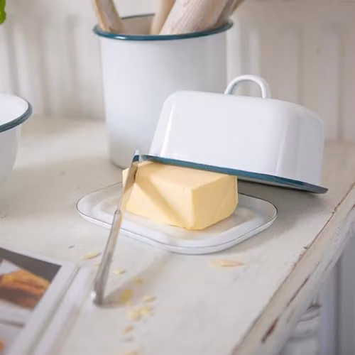 Argon Tableware White Enamel Butter Dish with Lid and Green Rim, W: 18.5 cm, D: 10 cm – 2