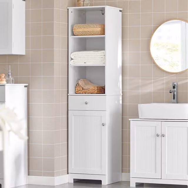 SoBuy Tall White Bathroom Storage Cabinet with Hinged Doors, Internal Shelves and Drawer