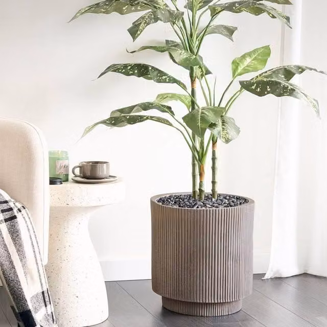 Wyld and Coco Beige Fibre Clay Planter with Vertical Rib Finish, Height: 37 cm
