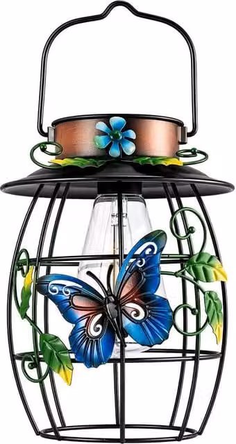 Havendro Solar Butterfly Hanging Lantern in Black with Warm White Light and Dusk Sensor, IP65 Waterproof Metal and Glass Design