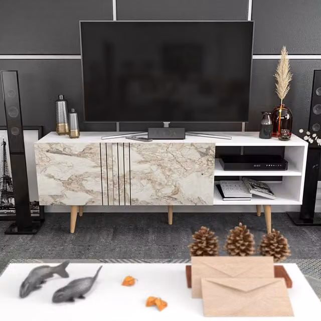 Decorotika Ronas TV Stand in White and White Marble Effect