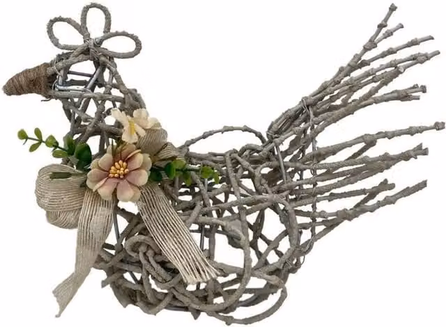KDMD Willow Chicken Sculpture with Bow and Flowers in Grey Rattan