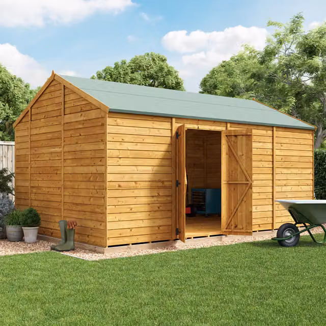 BillyOh Switch Overlap Apex Wooden Garden Shed in Brown with Double Doors and Gable Roof