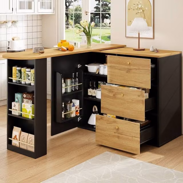 Rolipo Extendable 360 Degree Rotating Bar Table and Kitchen Island with Storage, Black