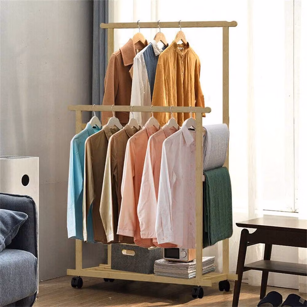 Kelvenix Rolling Bamboo Clothes Rail in Beige, H 160 cm x W 80 cm – 3