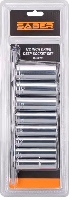 Saber 1/2 inch Deep Socket Eight Piece Steel Set in Silver