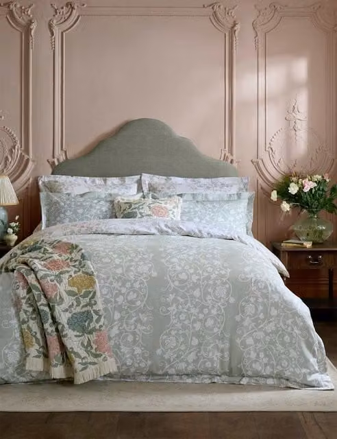 Historic Royal Palaces Tudor Trail Reversible Floral Cotton Pillowcases, 2 Pack, Grey and Green