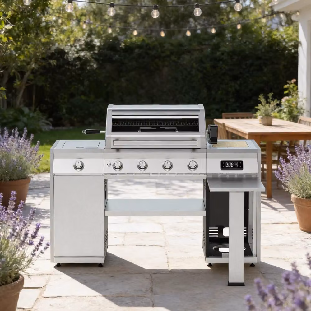 Grillstream Island 4 Burner Gas and Charcoal BBQ in Silver with Side Burner, Warming Rack, Rotisserie and Cast Iron Components