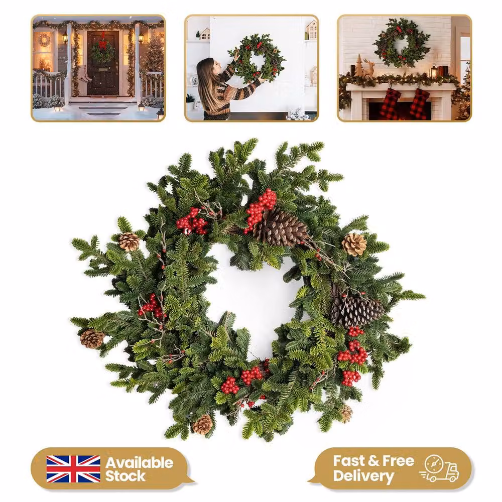 Shatchi Artificial Fir Christmas Wreath in Green and Red, Diameter: 60 cm – 2
