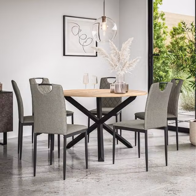 More4Homes Malvern Round Oak Effect Dining Table Set with 6 Grey Monza Linen Chairs and Black Oak Legs