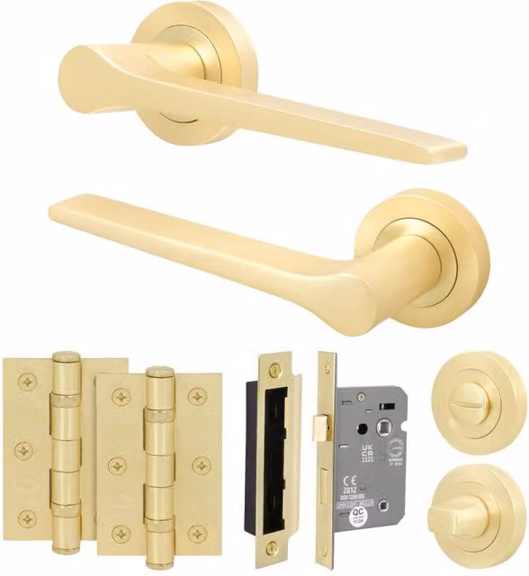 AFIT Satin Brass Bathroom Door Handle Set with Lock and Hinges in Gold – 1