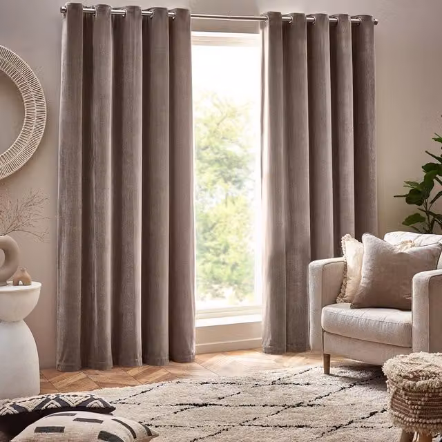 Make It A Home Heavy Chenille Velvet Room Darkening Eyelet Curtains, Greige, Width: 117 cm, Height: 183 cm