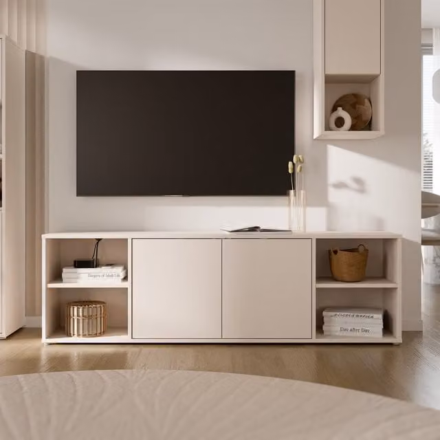 Furniture To Go Alice Springs Wide TV Cabinet in Sand with 2 Push-Open Doors and 2 Open Shelves