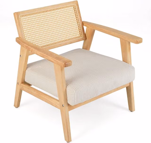 Costway Mid-Century Corduroy Accent Chair with Upholstered Seat and Solid Wood Frame in Beige Sand – 1