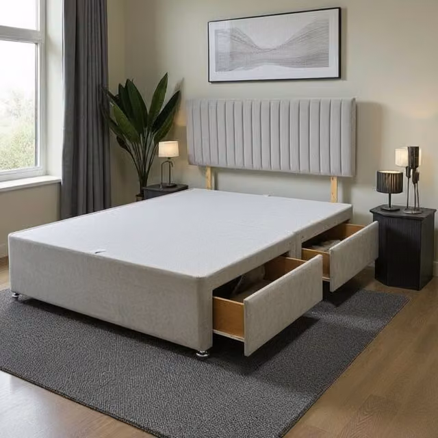Knight Sleep Emily Divan Bed Base with 2 Drawers and Headboard, Grey/Silver Fabric, W/D/H: 180 x 200 cm – 1