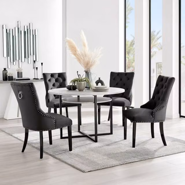 Furniturebox Adley Grey Concrete Effect Round Dining Table and 4 Belgravia Black Velvet Chairs with Metal Legs