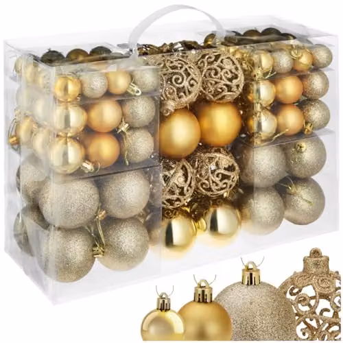 tectake 100-Pack Gold Christmas Baubles with Round Plastic Design for Hanging Ornaments – 1