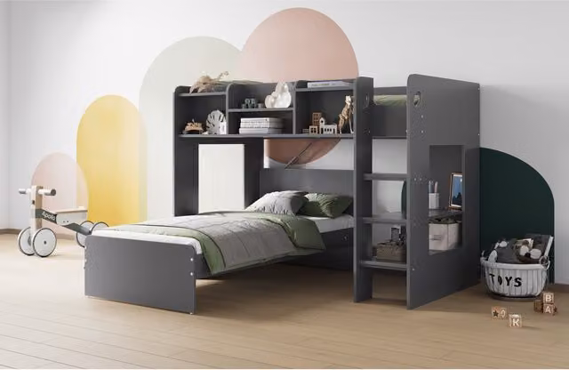 Flair Furnishings Wizard L Shaped Bunk Bed in Grey with Stairs and Side Compartments