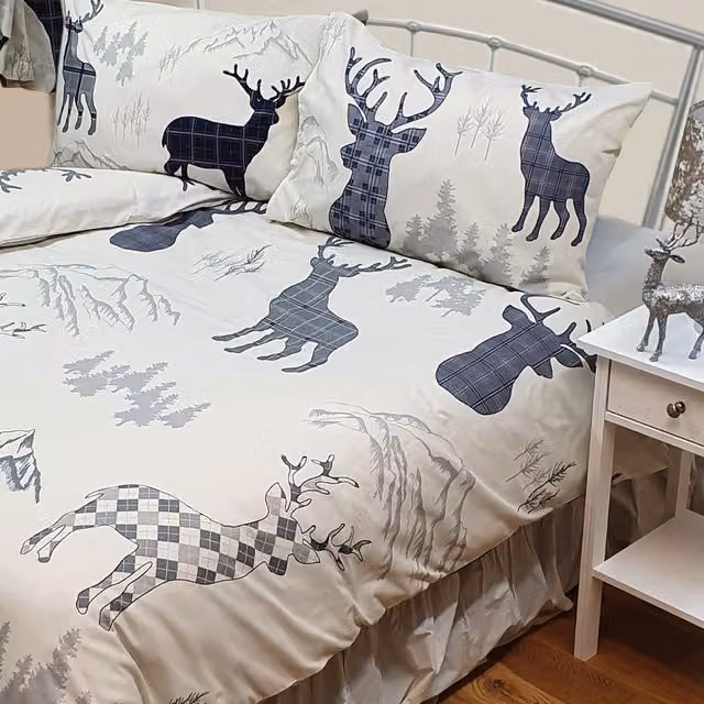 My Home Highland Stag Checked Duvet Cover and Pillowcase Set in Grey and Blue, Duvet Cover: 180 x 200 cm, Pillowcase: 50 x 75 cm