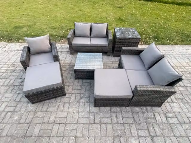 Fimous 7 Seater Rattan Garden Furniture Set in Dark Grey with Upholstered Cushions, Coffee Table, Side Table and 2 Ottomans