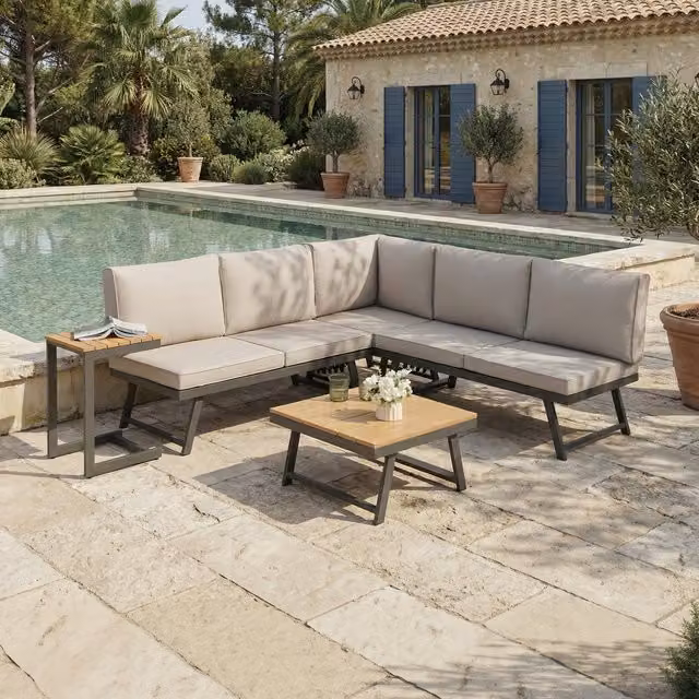 Home Garden Direct Monaco Lounge Corner Sofa Set with Grey Cushions and Natural Polywood Top