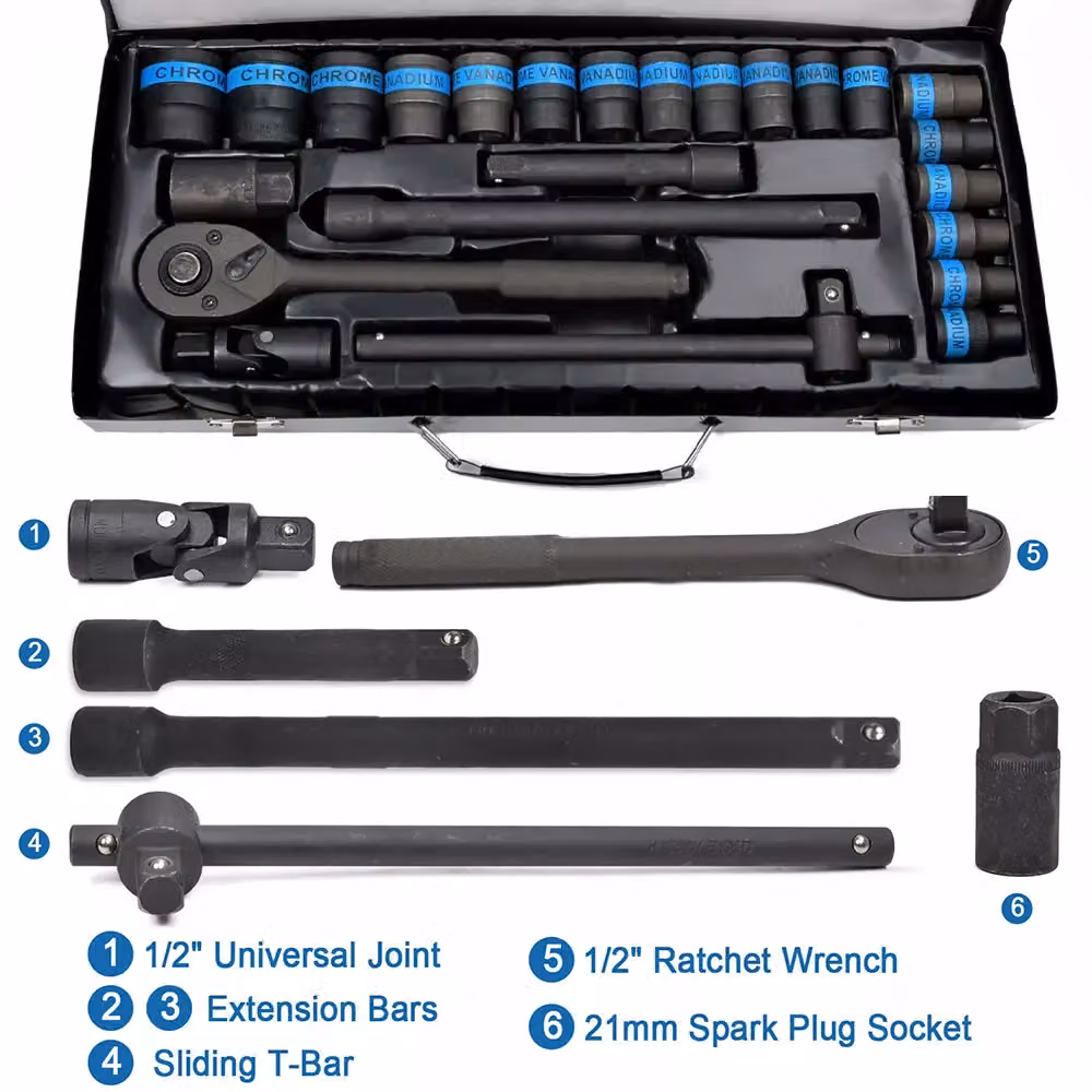 Hinsinc 1/2 inch Ratchet Wrench and Socket Set with Chrome Vanadium Steel Extension Bar and Metal Case in Black and Multicolour – 4