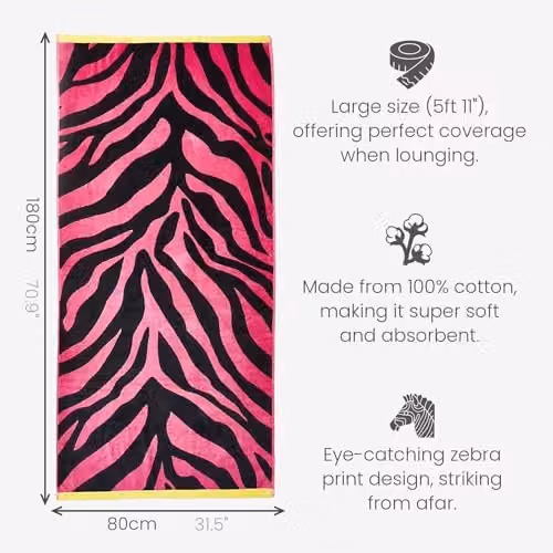 Allure Bath Fashions Extra Large Zebra Print Beach Towel in Pink and Black, 100% Cotton, W: 80 cm, L: 180 cm – 4
