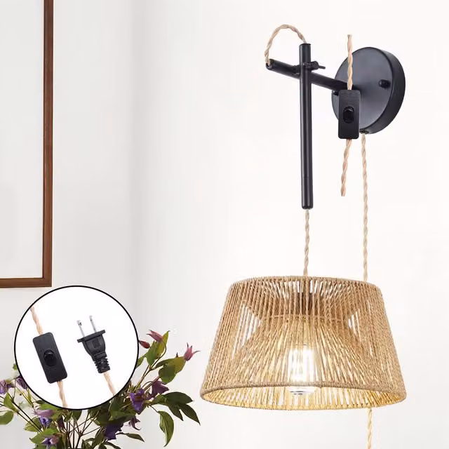 NIVOR Rattan Plug-in Wall Light with Adjustable Swing Arm and E27 Bulb in Brown