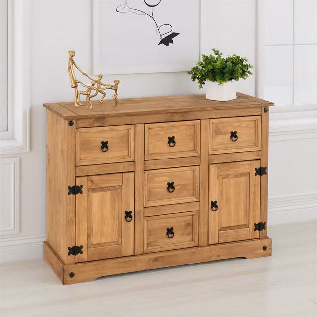 Seconique Corona Essentials 2 Door 5 Drawer Sideboard in Rustic Waxed Pine, Brown and Beige – 1