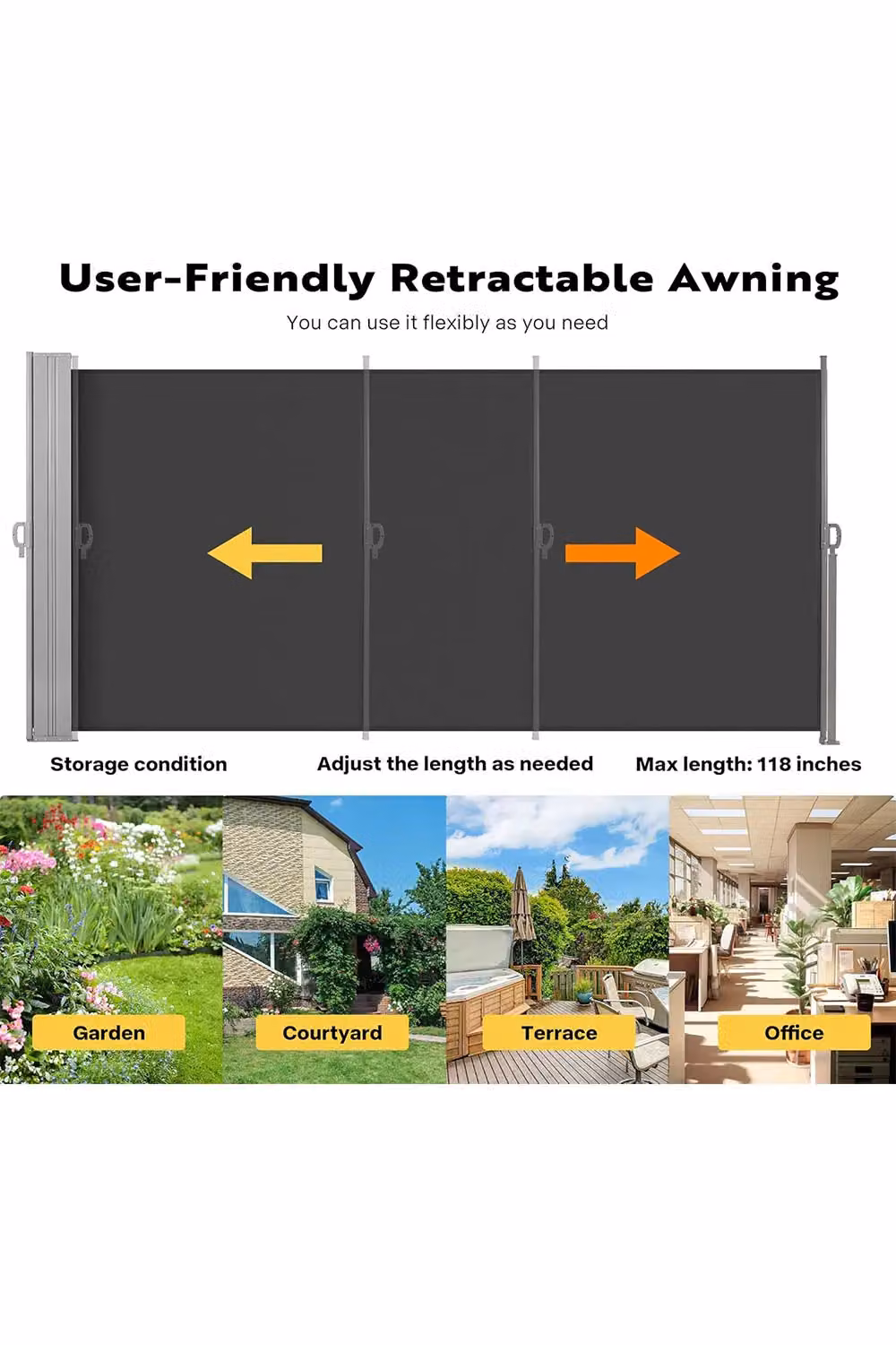 Living and Home Double Retractable Side Awning in Grey, Waterproof UV-Resistant Privacy Screen for Garden, Terrace and Balcony, W/H: 599.44 x 180.34 cm – 4