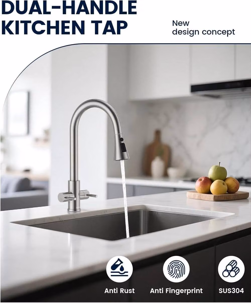 JANLEMNY Dual Lever Kitchen Sink Mixer Tap with Pull-Out Spout and 360 Degree Swivel in Silver Brushed Steel – 6