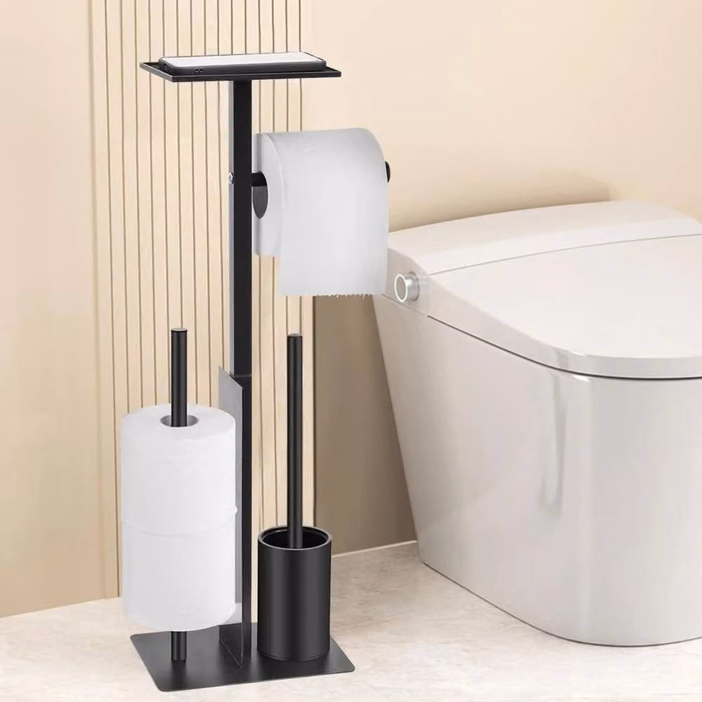 NESTLUNE Free Standing Stainless Steel Toilet Paper Holder with Brush in Black, W: 180 cm, H: 180 cm – 4