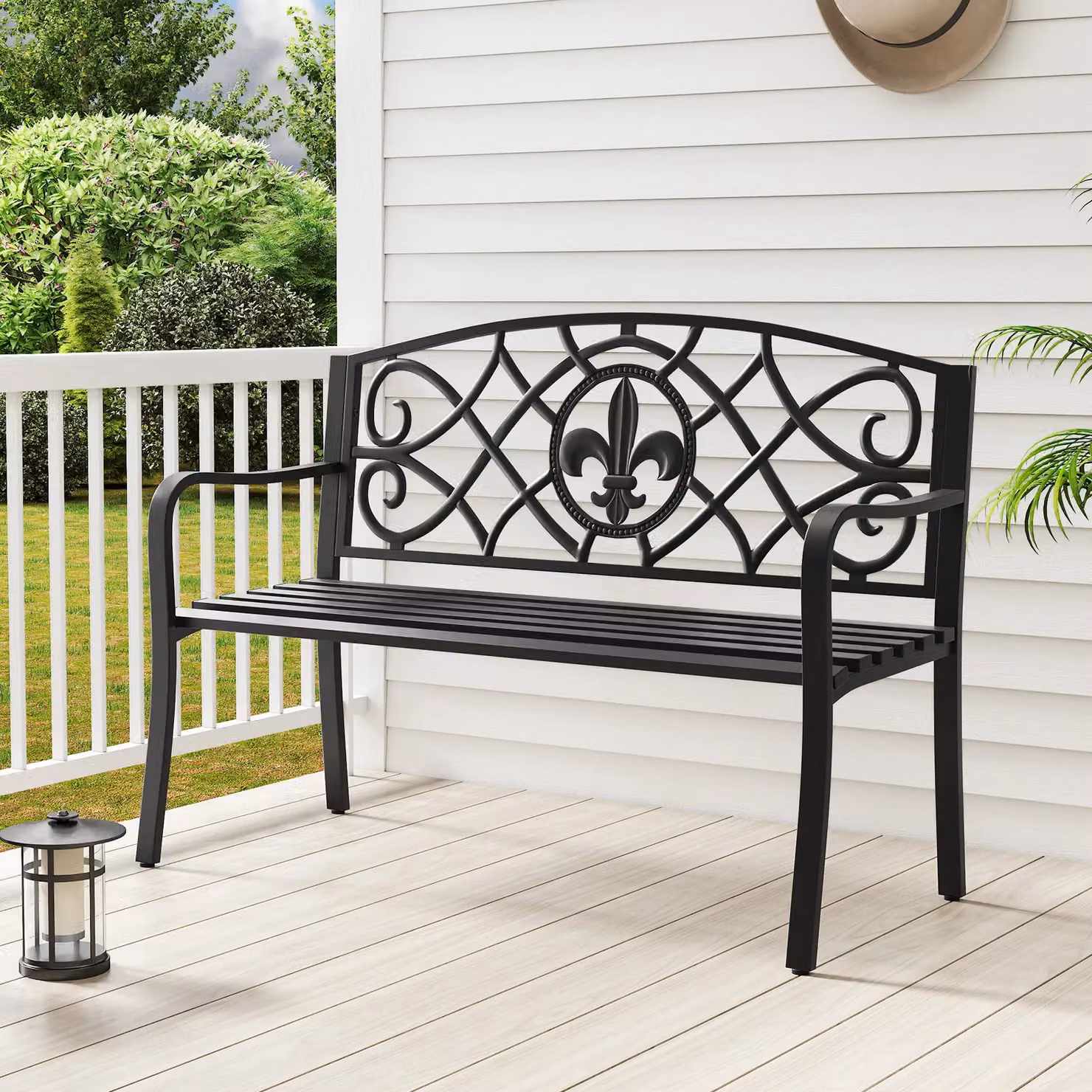 Costway Outdoor Garden Bench with Metal Slatted Seat and Cast Iron Backrest in Matt Black – 9