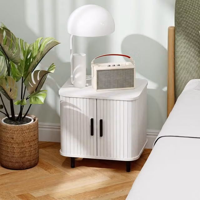 HOMCOM Nordic Bedside Table with Roller Shutter Style Sliding Doors in White Wood Effect
