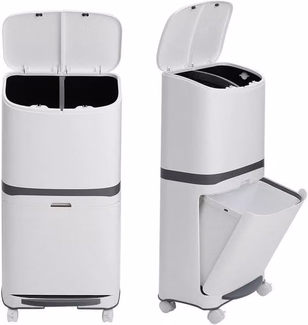 KORVIXA 48 Litre Mobile Recycling Pedal Bin in White, H 100 cm x W 15 cm x D 15 cm