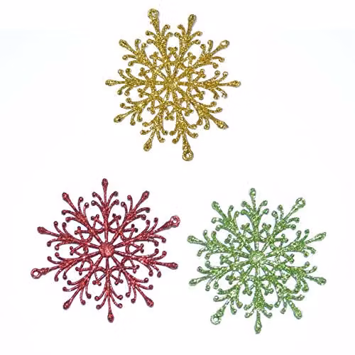 Shatchi 3-Piece Glitter Snowflake and Star Hanging Christmas Tree Decorations in Red, Green and Gold