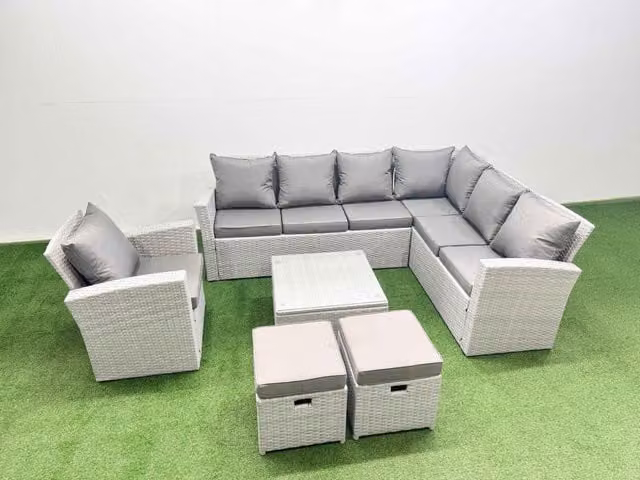 Fimous 9 Seater Rattan Garden Furniture Set in Light Grey