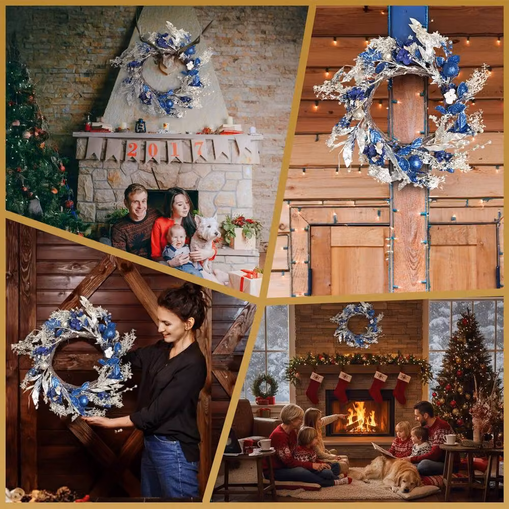 Shatchi Gold and Blue Baubles Christmas Wreath, Diameter: 58 cm – 6