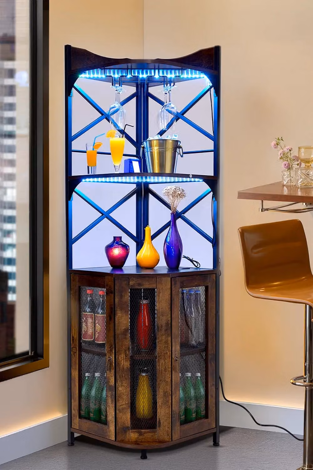 Living and Home 5-Tier Corner Bar Cabinet with Glass Doors, Integrated LED Lighting and Built-in Power Outlet in Dark Brown – 3