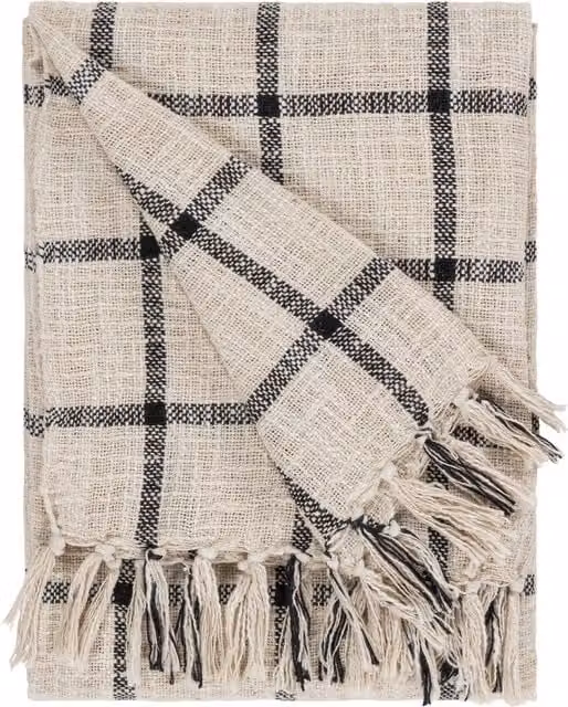Yard Beni Slub Cotton Checked Throw with Fringes in Black and White, W: 130 cm, L: 180 cm – 1