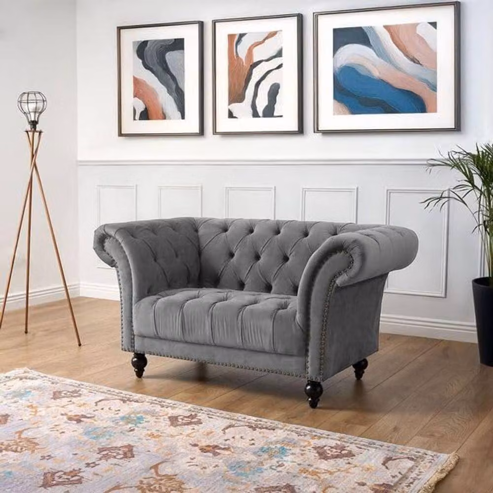 Bravich LTD 3 Seater Chesterfield Velvet Sofa in Grey with Rolled Arms and Buttoned Back – 5