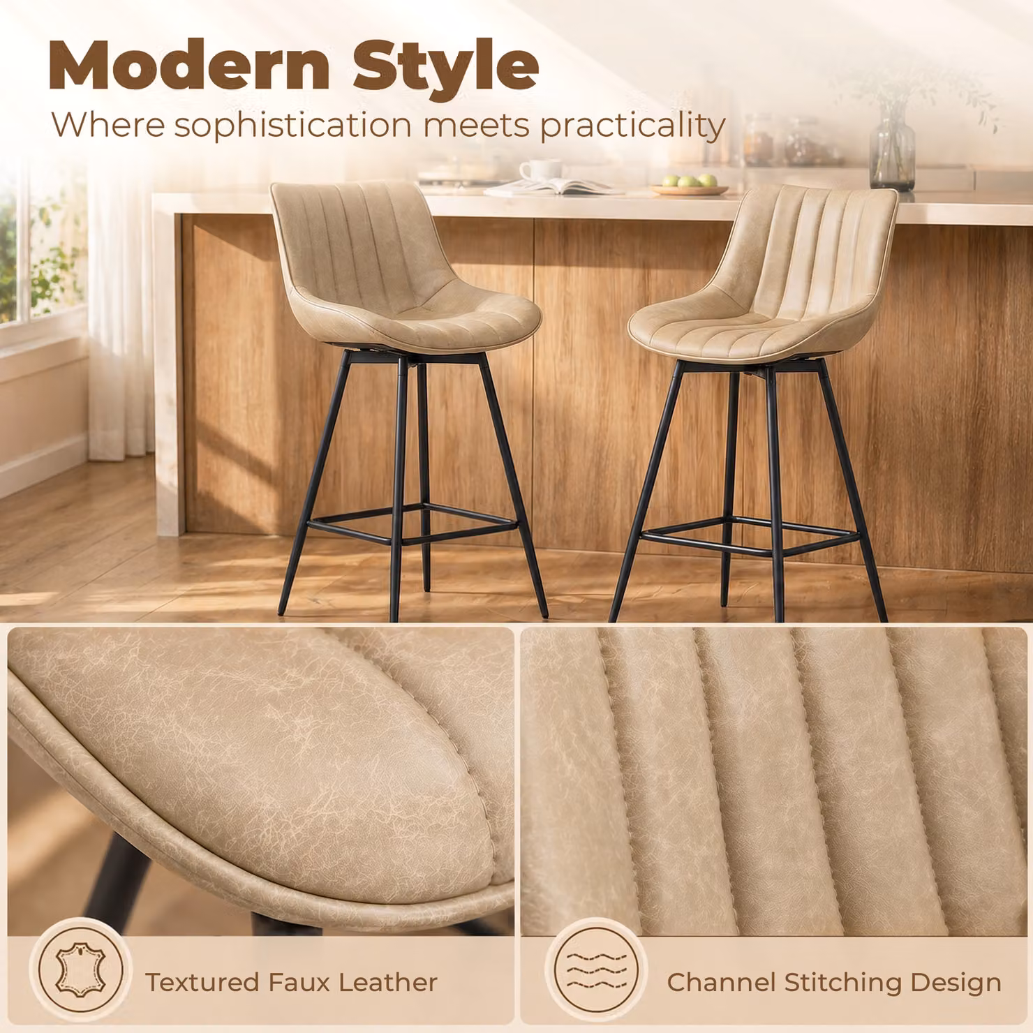 HOMCOM Set of 2 Modern PU Leather Swivel Bar Stools in Brown – 3
