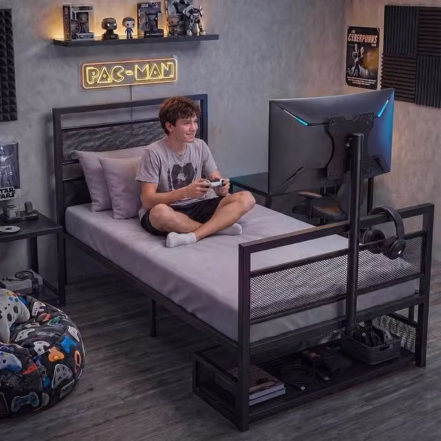 Levede Black Metal Single Bed Frame with 360 Degree Rotating TV Mount and Lift Up Base, W/D/H: 90 x 190 cm – 1