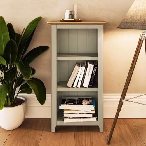 FWStyle Sage Green 3 Tier Oak Veneer Bookcase, H 82 x W 45 x D 23 cm – 2