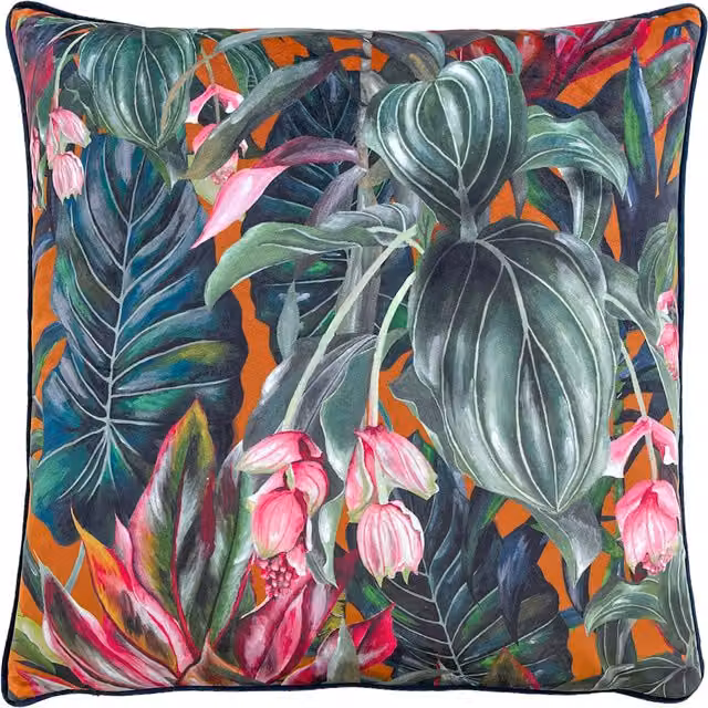 Make it a Home Mogori Wild Medinilla Piped Velvet Cushion in Autumn Orange and Multicolour