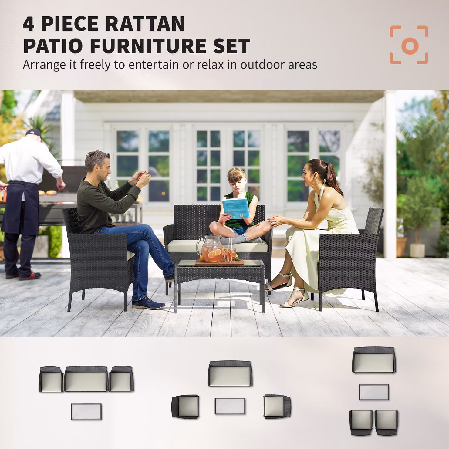 Outsunny 4 Piece Rattan Garden Furniture Set in White with 2 Seater Sofa, Armchairs, Glass Top Coffee Table and Cushions – 4