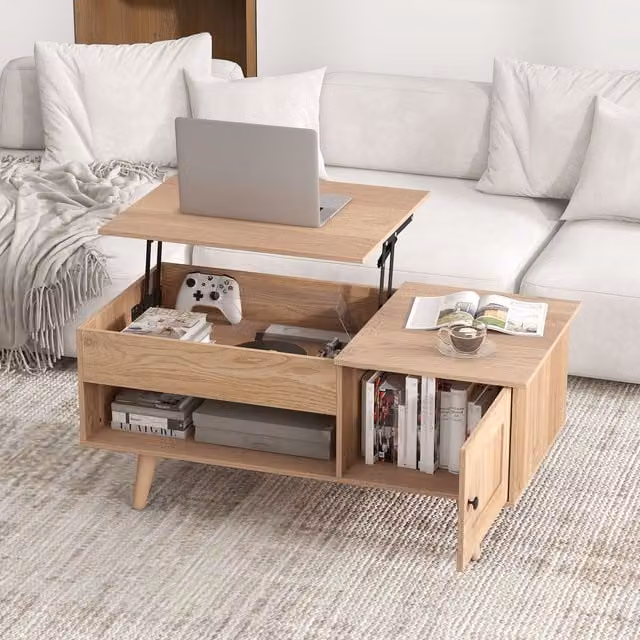 Costway Lift Top Coffee Table with Storage Cabinet in Natural Wood Finish